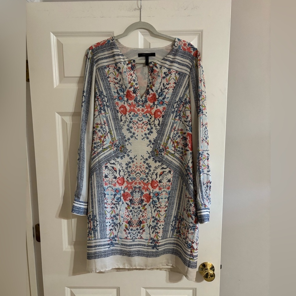 BCBGMaxAzria White Tunic Dress with Blue and Coral Floral Print